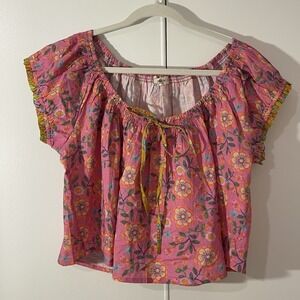 Natural Life Camille Cotton Swing Top Shirt Painted Vines Pink Floral L